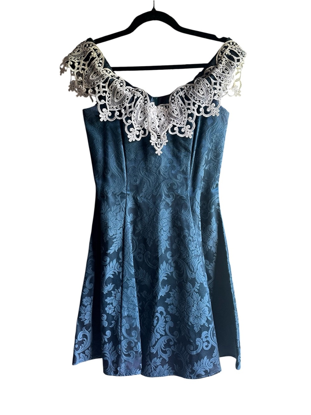 Vintage Jessica McClintock Gunne Sax Satin Floral Lace Off Shoulder Dress 9/10